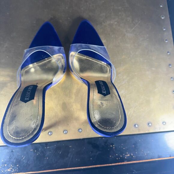 Jessica Rich Stiletto Mules 8 38 Pump Clear Strap Cocktail Formal Chic Navy Blue - Picture 6 of 10